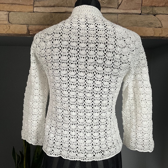 Handmade Knit Crochet Open Front Cardigan Sweater Boho White Silver Metallic S - Picture 5 of 8